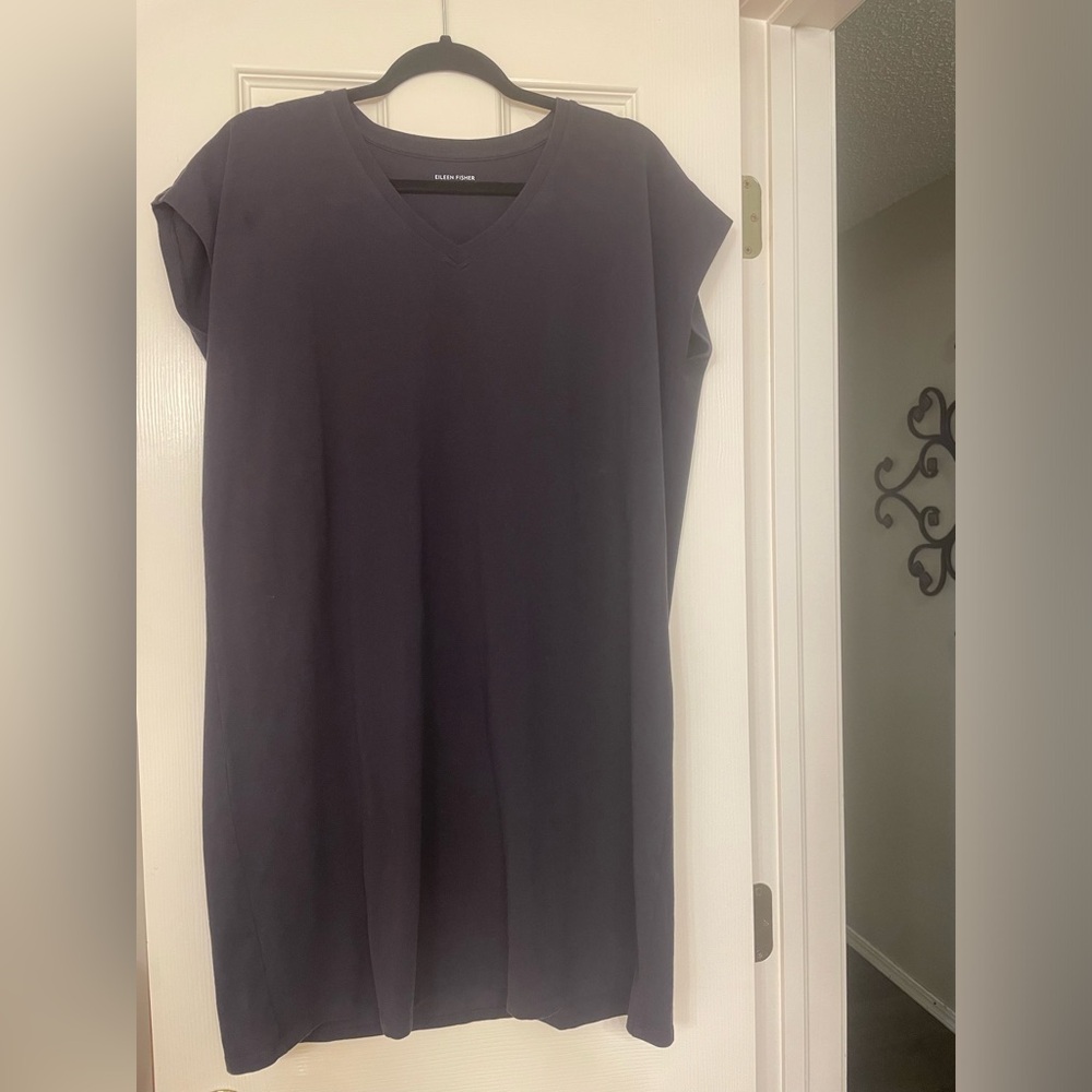 Eileen Fisher Solid Black short sleeve Shift Dress.  Size Medium. Pull over.